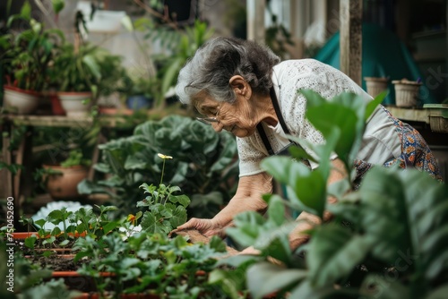 Gardening: An elderly person tends to plants with a caregiver's guidance 