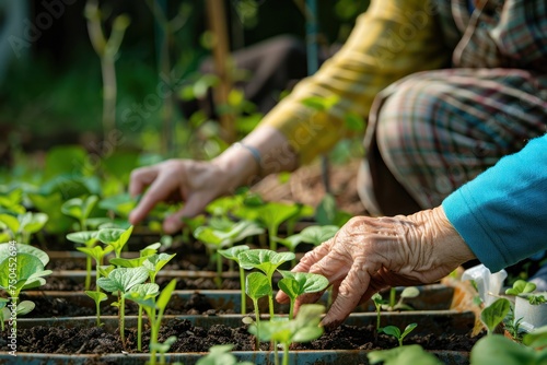 Gardening  An elderly person tends to plants with a caregiver s guidance 