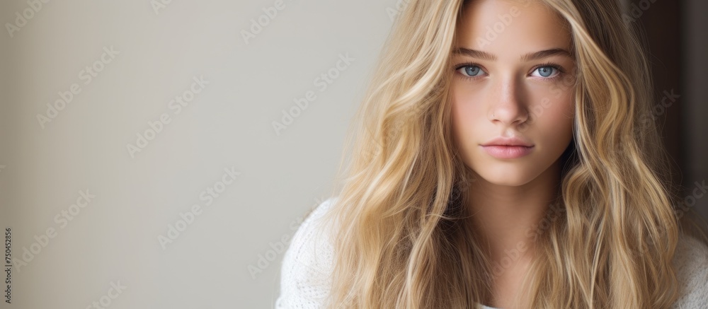 Portrait of a Disheartened Woman with Flowing Blonde Hair and Striking Blue Eyes in Casual Setting