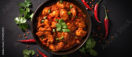 Savor the Aromatic Delights: Top View of Spicy Masala Chicken Curry in Vibrant Bowl