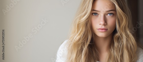 Portrait of a Disheartened Woman with Flowing Blonde Hair and Striking Blue Eyes in Casual Setting