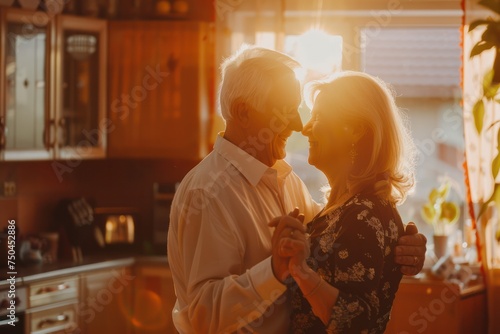 Happy affectionate loving middle aged mature couple dancing at home in kitchen. Smiling older senior man and woman in love having fun at home enjoying dance lit with sunlight. photo