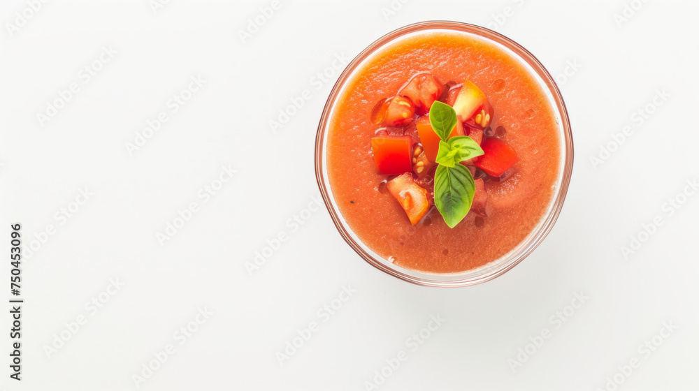 Gazpacho soup in a glass, elegantly minimal, top-down view isolated on white background with copy space. Contemporary chilled soup concept. Design for summer menu features and health food publications Gazpacho soup in a glass, elegantly minimal, top-down view isolated on white background with copy space. Contemporary chilled soup concept. Design for summer menu features and health food publications