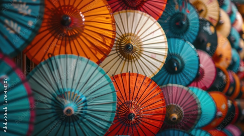 Colorful umbrellas hanging on a wall, perfect for adding a pop of color to any room