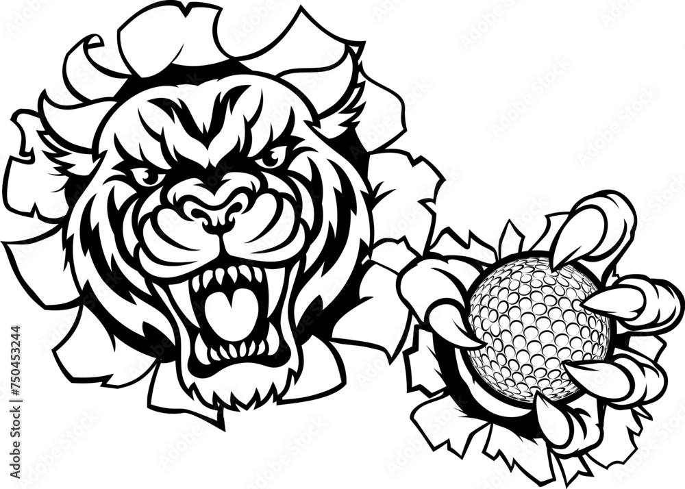 Fototapeta premium A tiger cat animal sports mascot holding golf ball breaking through the background with its claws