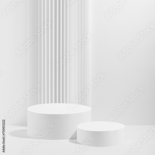 Two white round podiums with striped column as geometric decor, set, mockup on white background. Template for presentation cosmetic products, gifts, goods, advertising, design in modern style.
