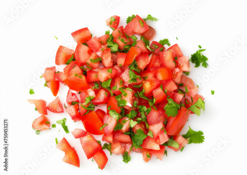 Diced pico de gallo, fresh and vibrant, top-down view isolated on white background. Authentic Mexican salsa concept. Design for food blogs and culinary articles