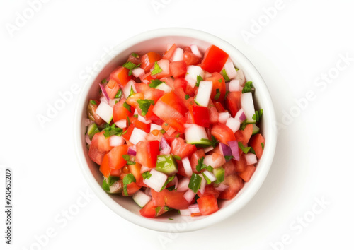 Pico de gallo, fresh and vibrant in a bowl, top-down view isolated on white background. Traditional Mexican salsa concept. Design for cookbook recipes and healthy eating guides