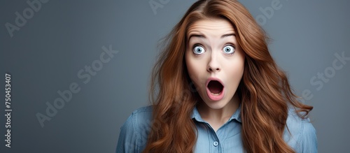 Surprised Red-Haired Woman with Big Blue Eyes Expressing Shock and Amazement