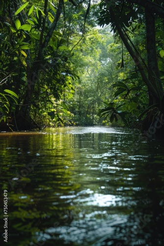 A serene body of water surrounded by trees in a forest. Perfect for nature-themed designs