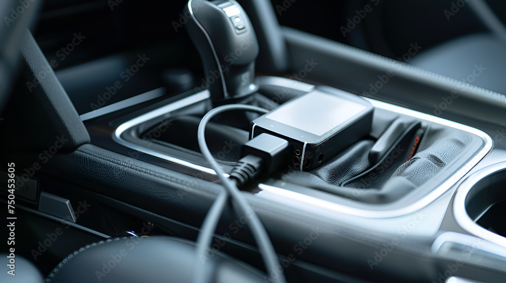 Close up view charge the battery phone in car. Place the mobile smart phone in the car. transportation and vehicle concept,Close up of the elegant details of the front side of a car,
