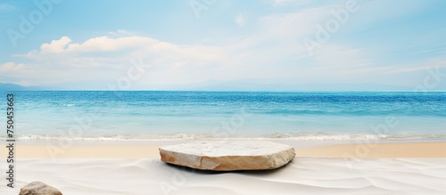 Tranquil Beachscape with Abstract Stone Podium Overlooking Tropical Ocean Horizon © HN Works