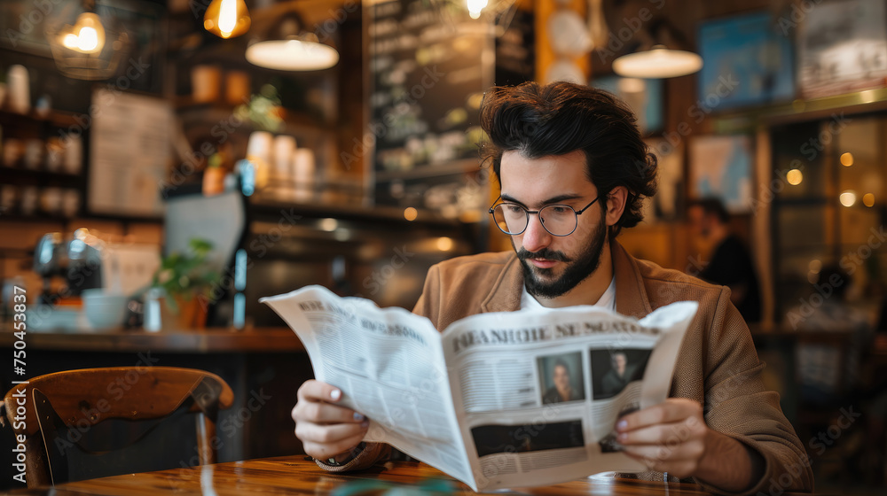 A young man reading a newspaper, with a coffee shop in the background.