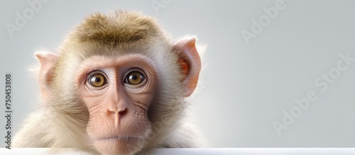 Curious Macaque Monkey Poses Close-Up, Captivating Portrait against White Backdrop
