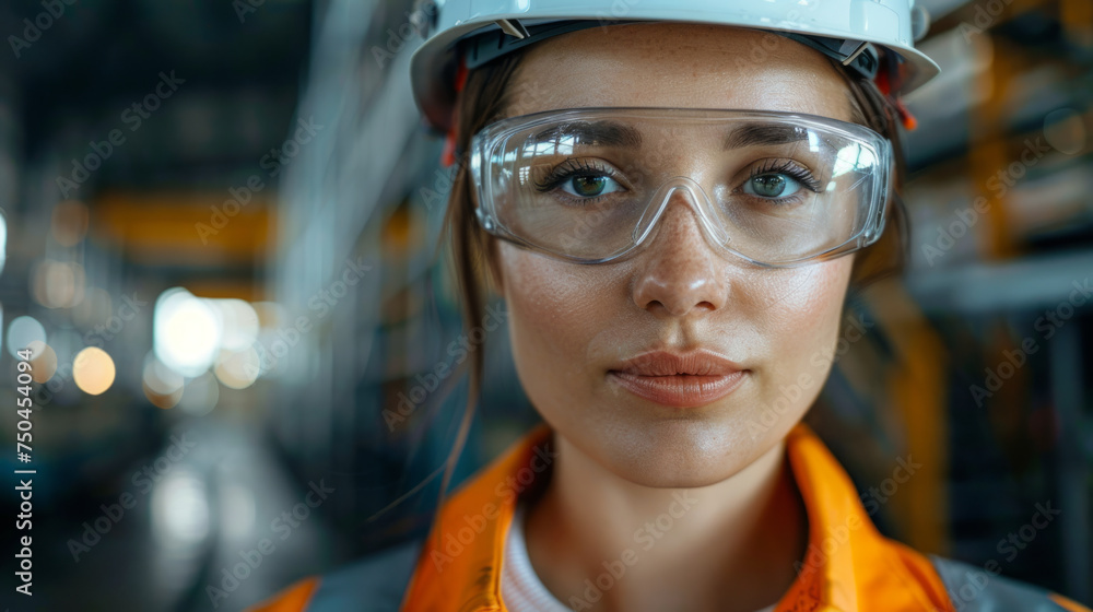 Close-up of a young woman with safety goggles and a hard hat against an industrial backdrop, showcasing professionalism and focus in an engineering or construction environment. Close-up of a young woman with safety goggles and a hard hat against an industrial backdrop, showcasing professionalism and focus in an engineering or construction environment.