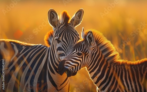 A Zebra Foal Snuggles Beside an Adult Amidst Golden Light