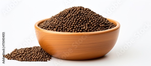 Aromatic Black Mustard Seeds Arranged in a Full Pot on White Background, Capturing Front View Details