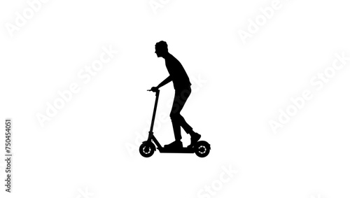 Young man rides a modern urban electric scooter, black isolated silhouette