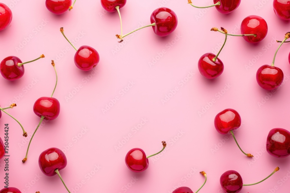Red cherry on pink background. Ripe red cherry berries as background. Flat lay, top view, copy space Red cherry on pink background. Ripe red cherry berries as background. Flat lay, top view, copy space