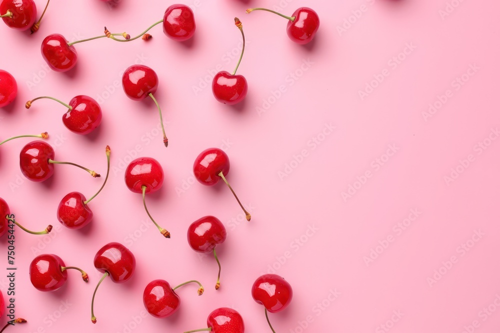 Red cherry on pink background. Ripe red cherry berries as background. Flat lay, top view, copy space Red cherry on pink background. Ripe red cherry berries as background. Flat lay, top view, copy space