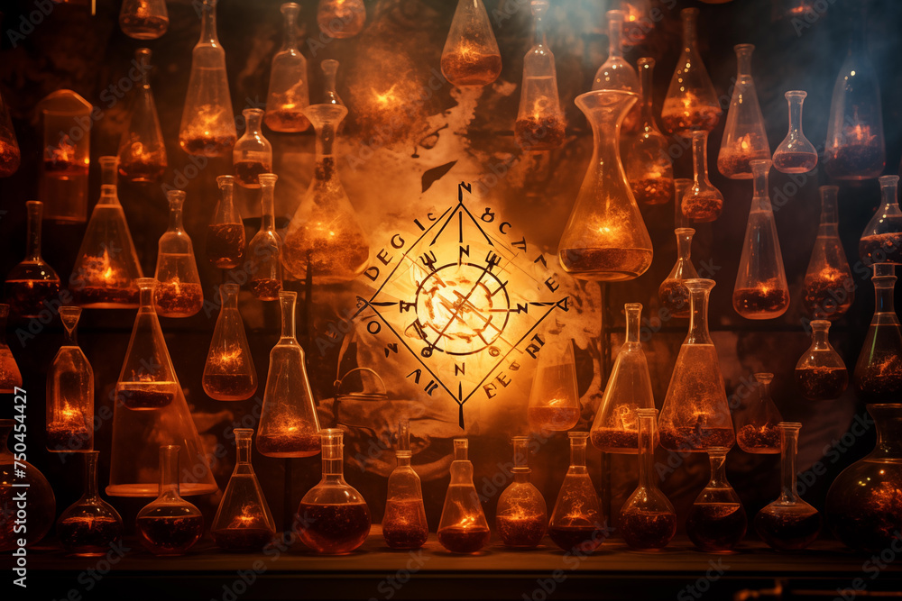 Enigmatic alchemist's lab filled with illuminated flasks and magical symbols