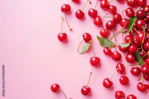 Red cherry on pink background. Ripe red cherry berries as background. Flat lay, top view, copy space