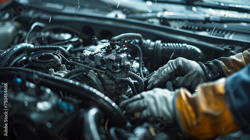 auto mechanic working in workshop, close up a car mechanic repairing car engine, service worker at the work