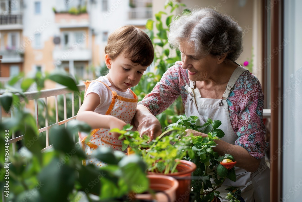 Senior grandmother with small granddaughter gardening on balcony in summer, resting. 