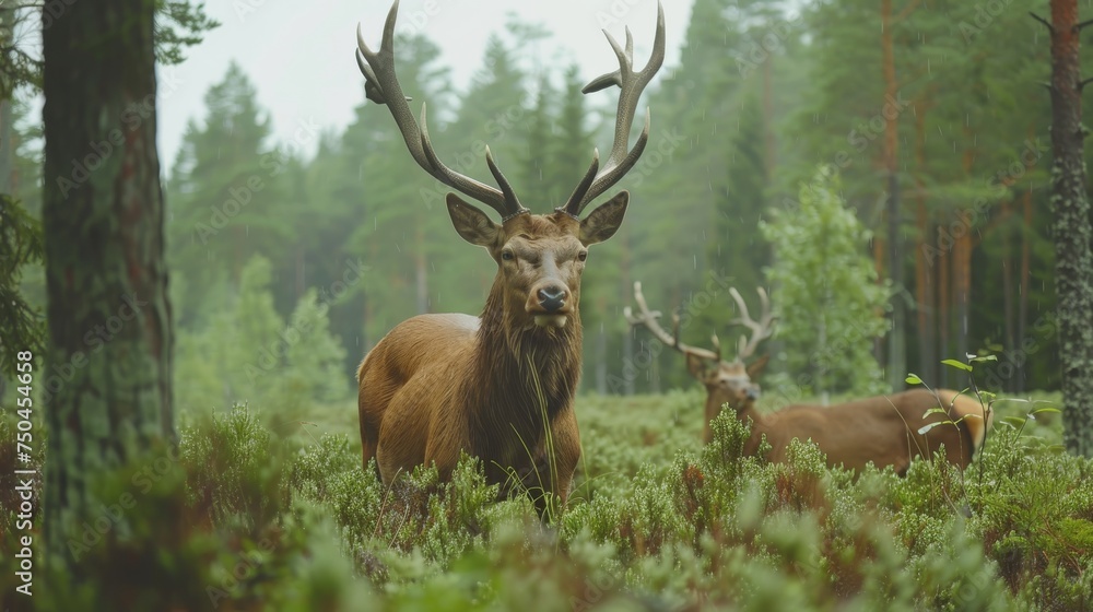 A graceful white deer roams among the green forest. The beauty of brown natural wildlife A graceful white deer roams among the green forest. The beauty of brown natural wildlife