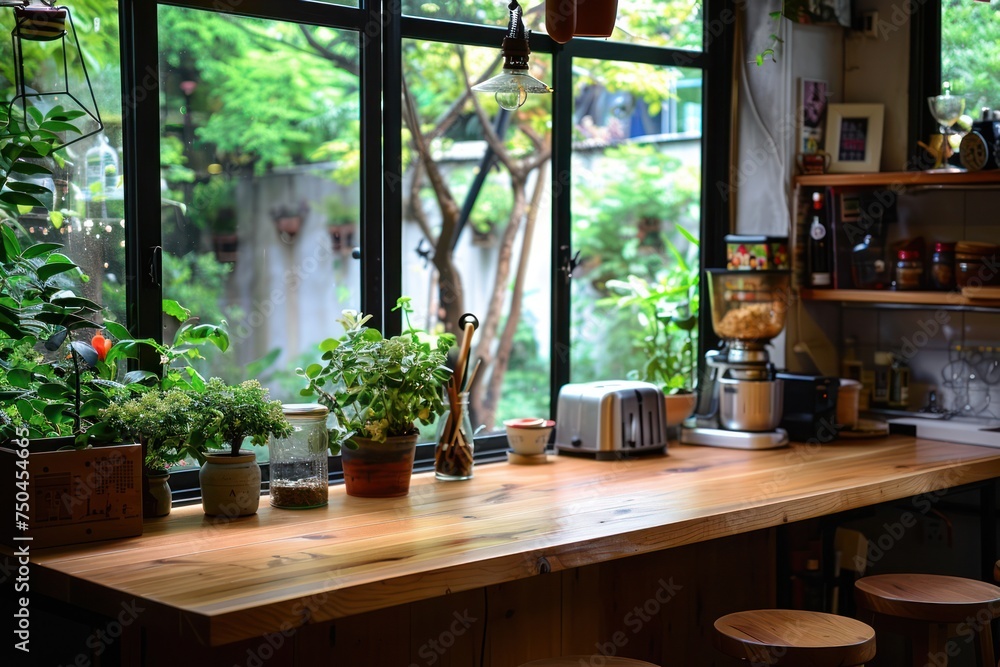 Selective focus.Wood desk counter bar in cozy kitchen with window green garden view. Food and drink background Selective focus.Wood desk counter bar in cozy kitchen with window green garden view. Food and drink background