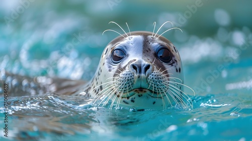 A smiling seal with ringed pattern enjoying a swim in water. Concept Seal, Ocean, Ringed Pattern, Smile, Swim © Anastasiia
