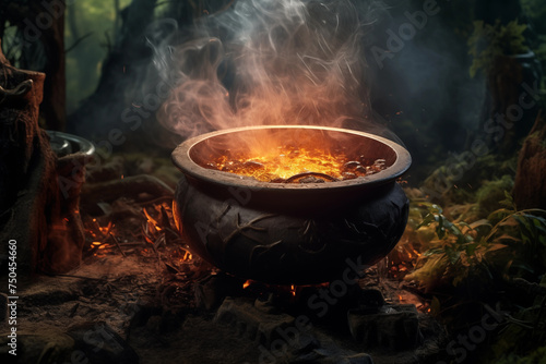 Eerie cauldron bubbles over an open fire amid the mystical fog of a dense forest