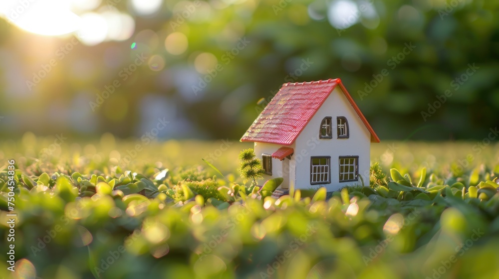 A toy house placed in a vast field. Suitable for various concepts A toy house placed in a vast field. Suitable for various concepts