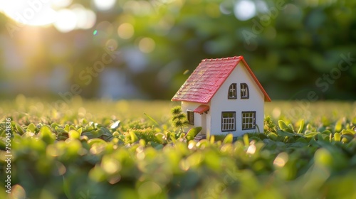 A toy house placed in a vast field. Suitable for various concepts