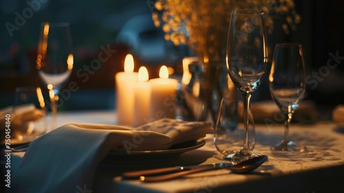 Elegant table with candle and wine glasses, perfect for romantic occasions