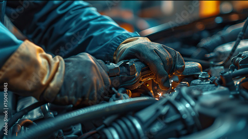 auto mechanic working in workshop, close up a car mechanic repairing car engine, service worker at the work