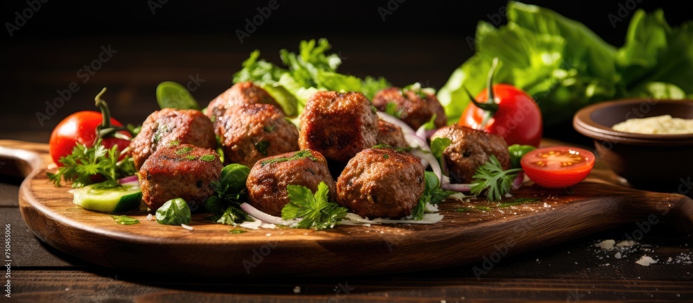 Succulent Meatballs Presentation on Rustic Wooden Platter with Fresh Salad and Colorful Garnishes