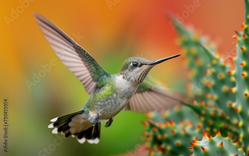 Brilliant Ruby Throated Hummingbird Soaring Above Aloe Botanicals © Pure Imagination