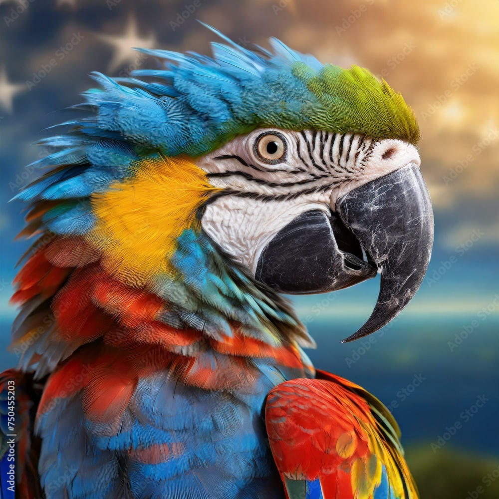 close-up portrait of a parrot with brightly colored plumage