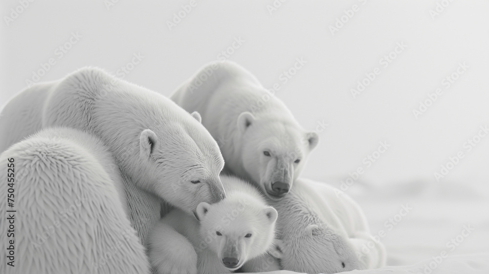 A family of polar bears in a close huddle, their white fur blending seamlessly with a pure white environment. - obrazy, fototapety, plakaty 