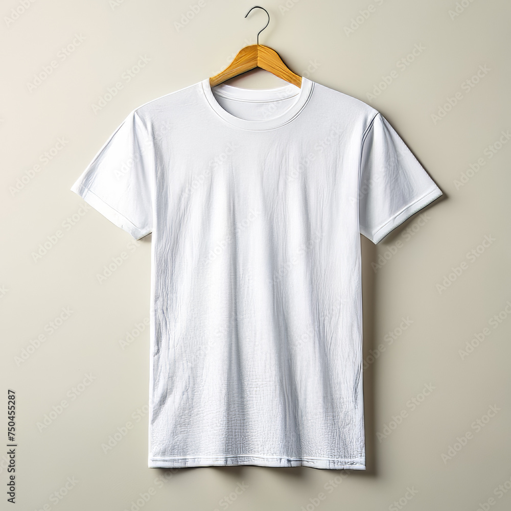 White t-shirt on hanger on grey background. Mockup White t-shirt on hanger on grey background. Mockup