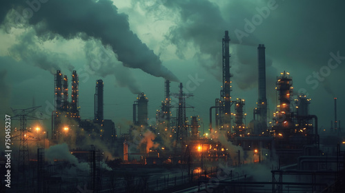 Illuminated industrial complex at dusk with multiple smokestacks emitting smoke, against a moody sky with atmospheric lighting, industrial landscape with power lines and structures visible.