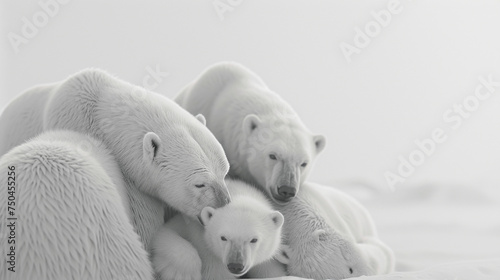 A family of polar bears in a close huddle, their white fur blending seamlessly with a pure white environment.