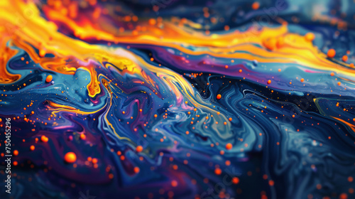 A vibrant, abstract macro shot displaying fluid art with swirling patterns of blue, orange, and yellow, interspersed with spots of white and red