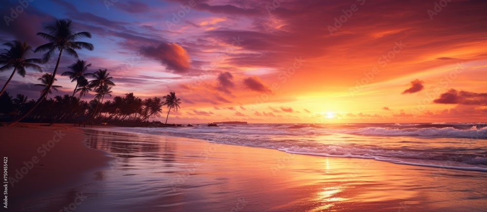 Vibrant Tropical Beach Sunset with Stunning Colors and Serene Ocean Views