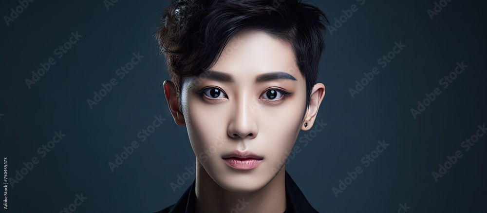 Contemporary Asian Man with Genderless Makeup in Black Shirt, Skincare and Beauty Portrait