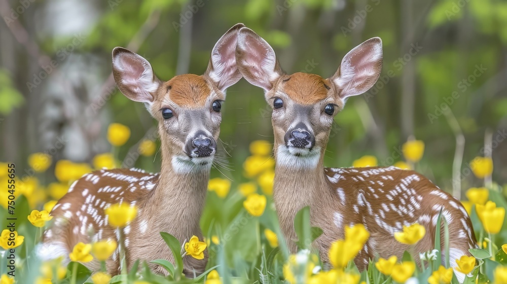 A graceful white deer roams among the green forest. The beauty of brown natural wildlife A graceful white deer roams among the green forest. The beauty of brown natural wildlife