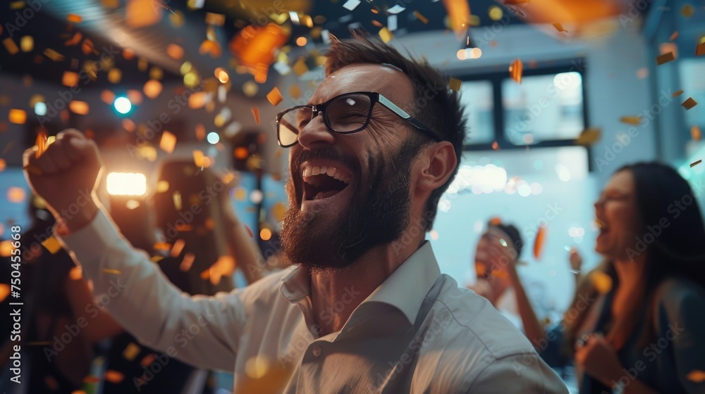 A man with glasses and a beard surrounded by confetti. Ideal for celebration events