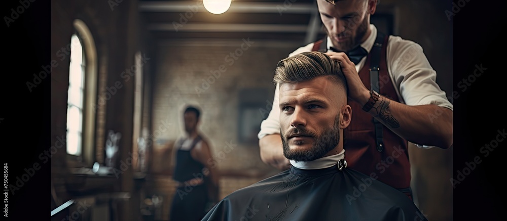 Young man experiencing a trendy haircut by skilled female barber at a modern barber shop Young man experiencing a trendy haircut by skilled female barber at a modern barber shop