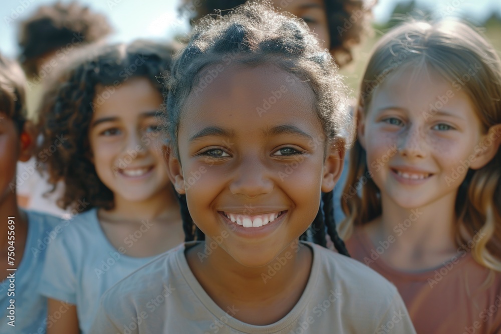 A group of children standing next to each other. Suitable for school or friendship themes